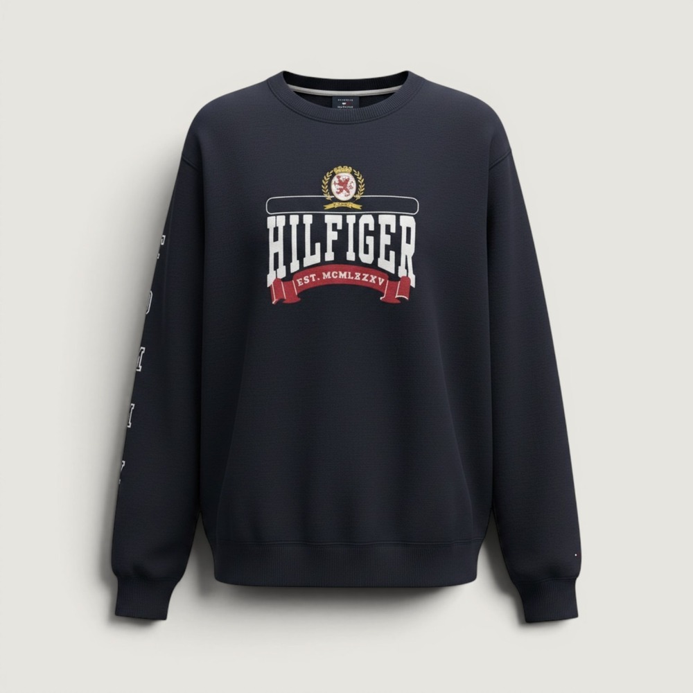 Tommy Hilfiger Shirt Mens Large Navy Blue Long Sleeve Crest Logo Graphic Tee